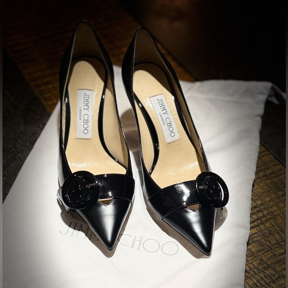 New Jimmy Choo, black, leather, 2” high heel, pointed toe, 36.5, made in Italy